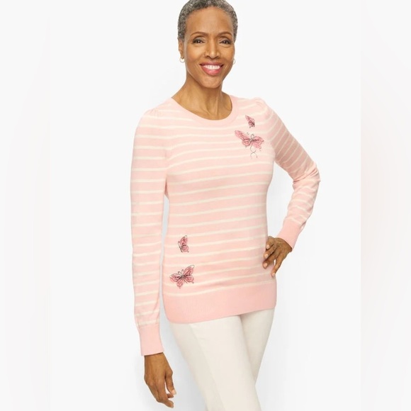 Talbots Crewneck Sweater Embroidered Butterfly Stripe Size 1X Long Sleeve Pink - Picture 1 of 7